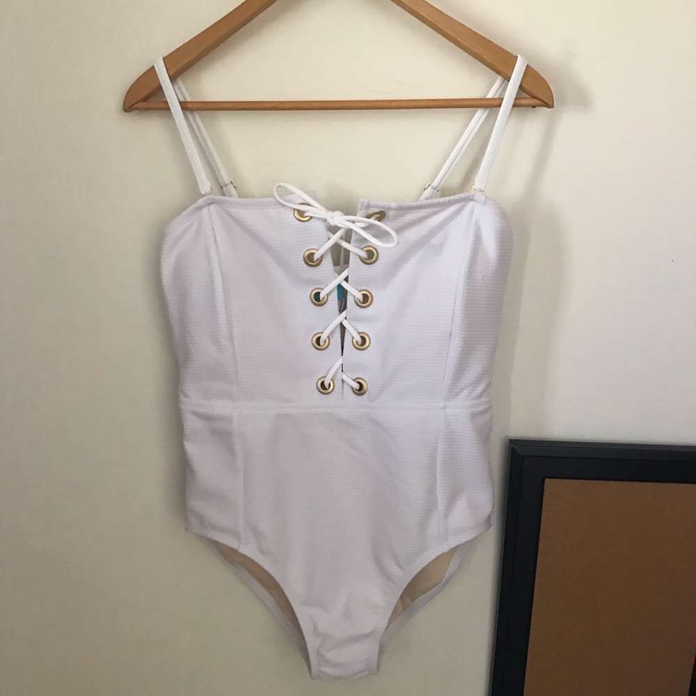 New One Piece Lace Up Swimsuit Coastal Blue